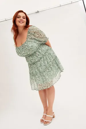 Vibrant Chic Green Mini Dress Short Puff Sleeve Ruched Bust