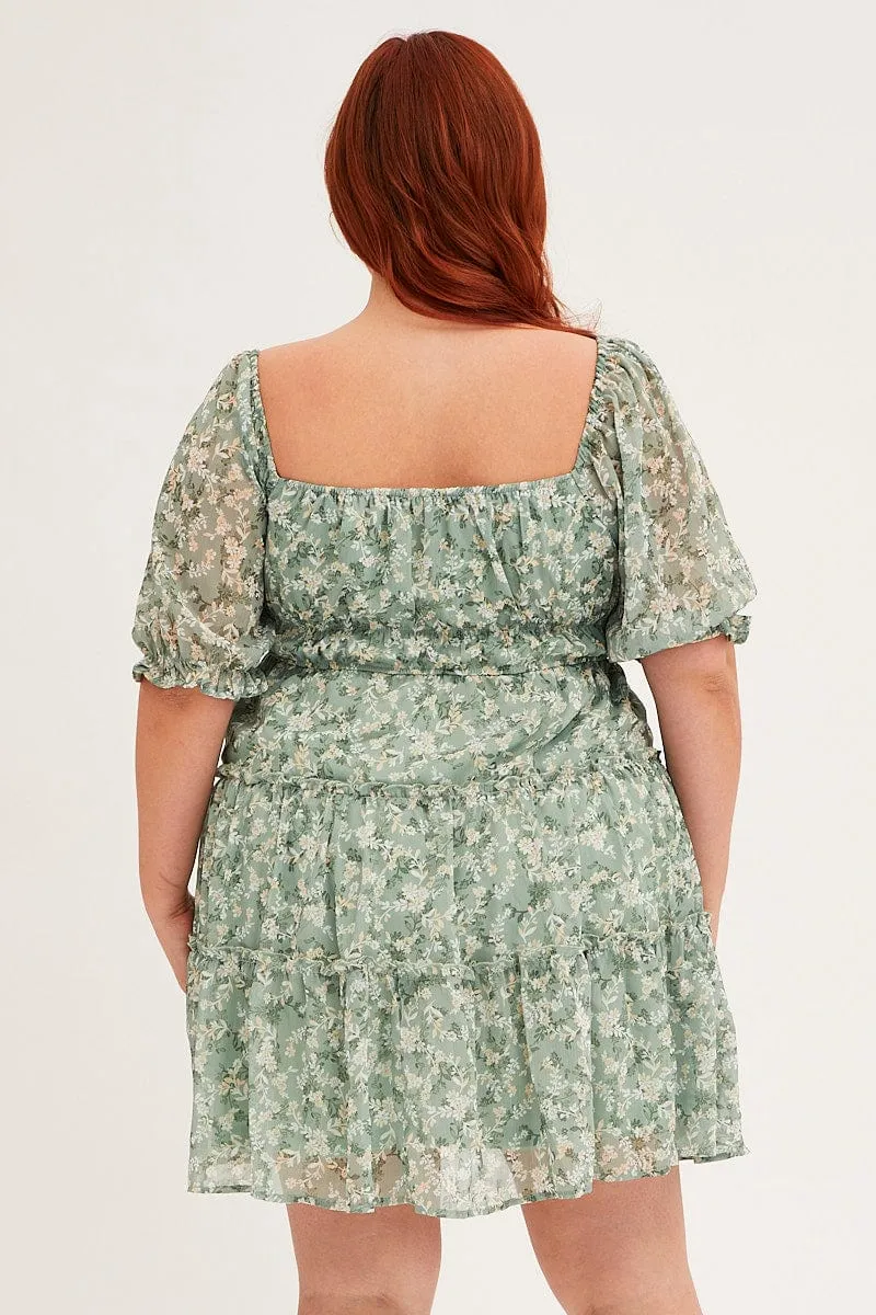 Heat Light Neon Glow Green Mini Dress Short Puff Sleeve Ruched Bust