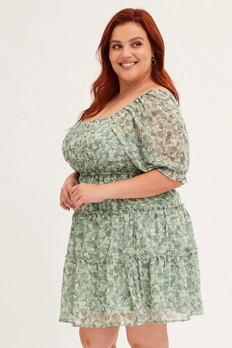 Fashion Essential Fresh Prints Green Mini Dress Short Puff Sleeve Ruched Bust