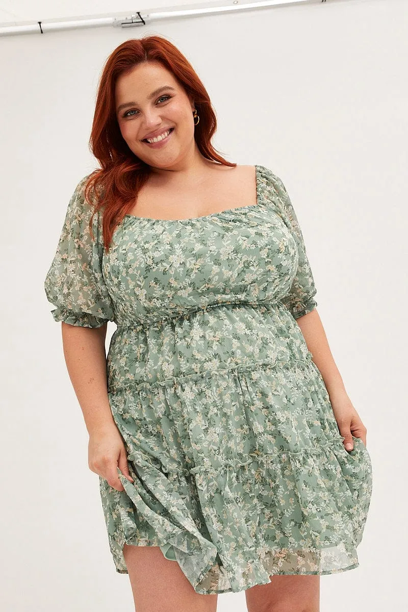 Green Mini Dress Short Puff Sleeve Ruched Bust Sassy Pop Casual Wear