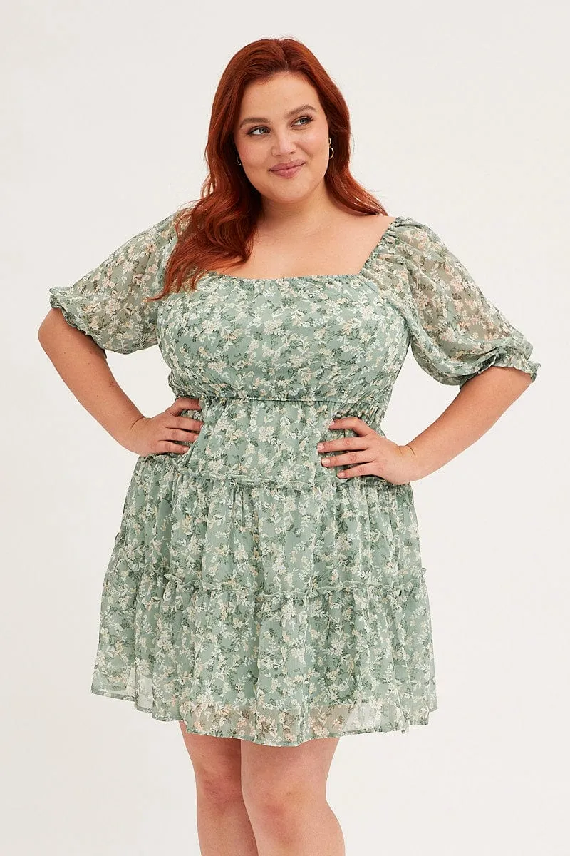 Charming Prints elegant design Green Mini Dress Short Puff Sleeve Ruched Bust
