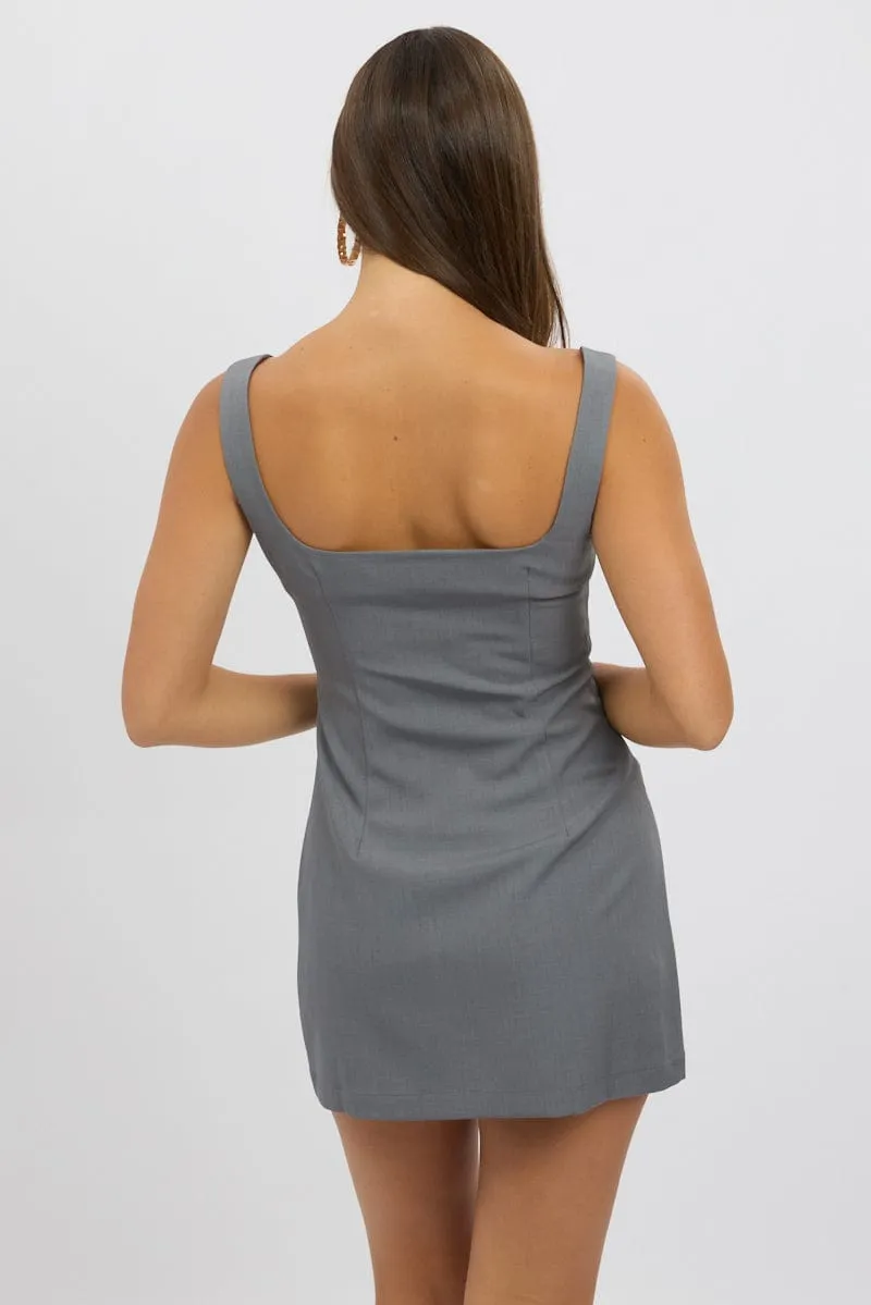Hot Beat solo wear Grey Mini Dress Square Neck Button Down