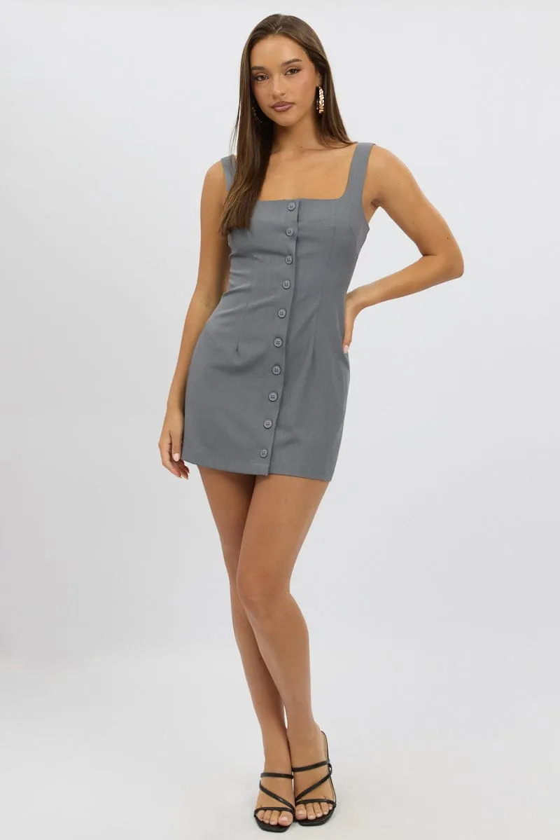 Grey Mini Dress Square Neck Button Down Day Wear Versatile Look