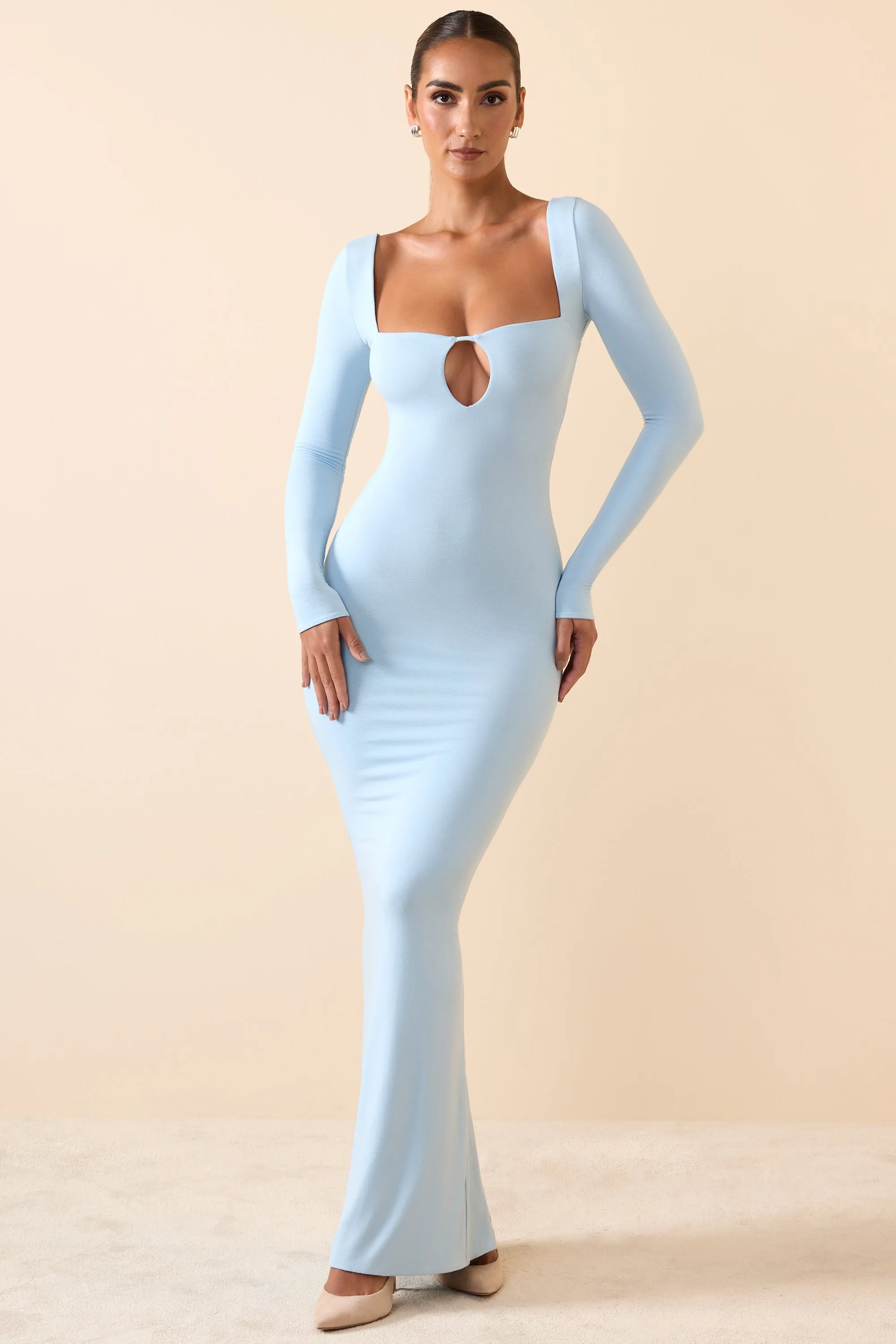 Color Sky Modal Keyhole Cut-Out Maxi Dress in Ice Blue