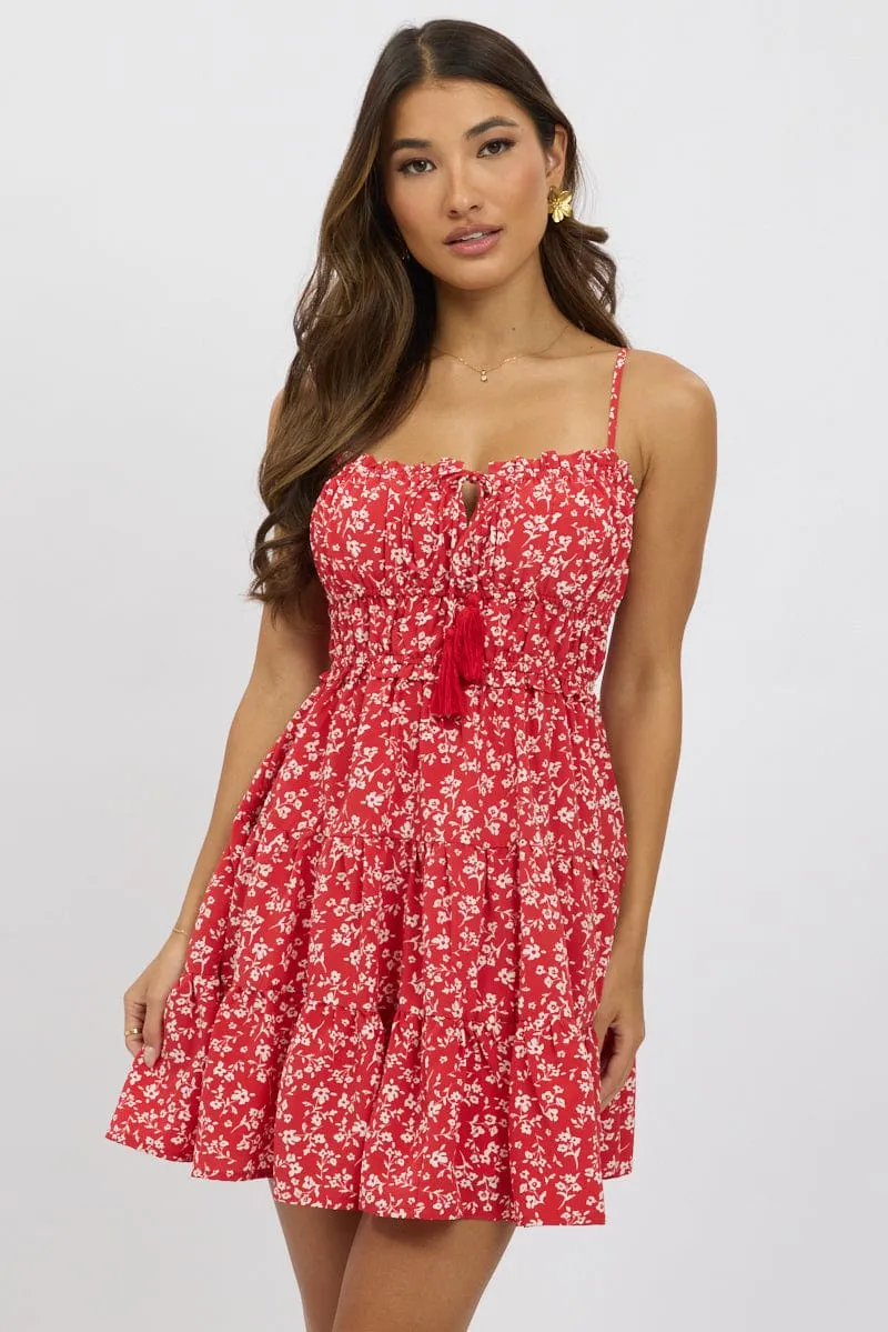 Stretchable Fit Edge Light Red Ditsy Fit And Flare Dress Mini