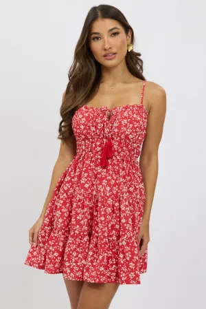 Stretchable Fit Edge Light Red Ditsy Fit And Flare Dress Mini