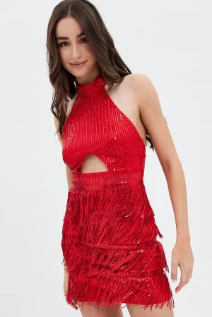 Red Party Bodycon Halter Mini Dress Tassels Bohemian style