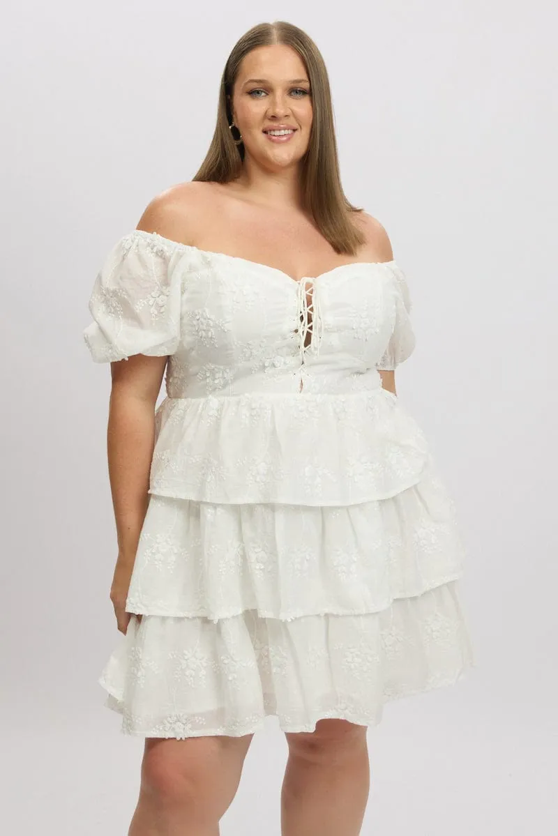 White Lace Up Front Embossed Cotton Mini Dress Bold Look