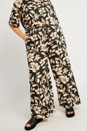 Fitted waist Black Floral Drawstring Wide Leg Linen Pants