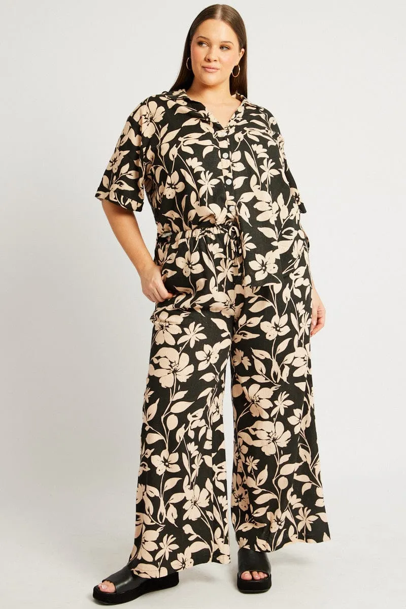 Soft Interior Black Floral Drawstring Wide Leg Linen Pants