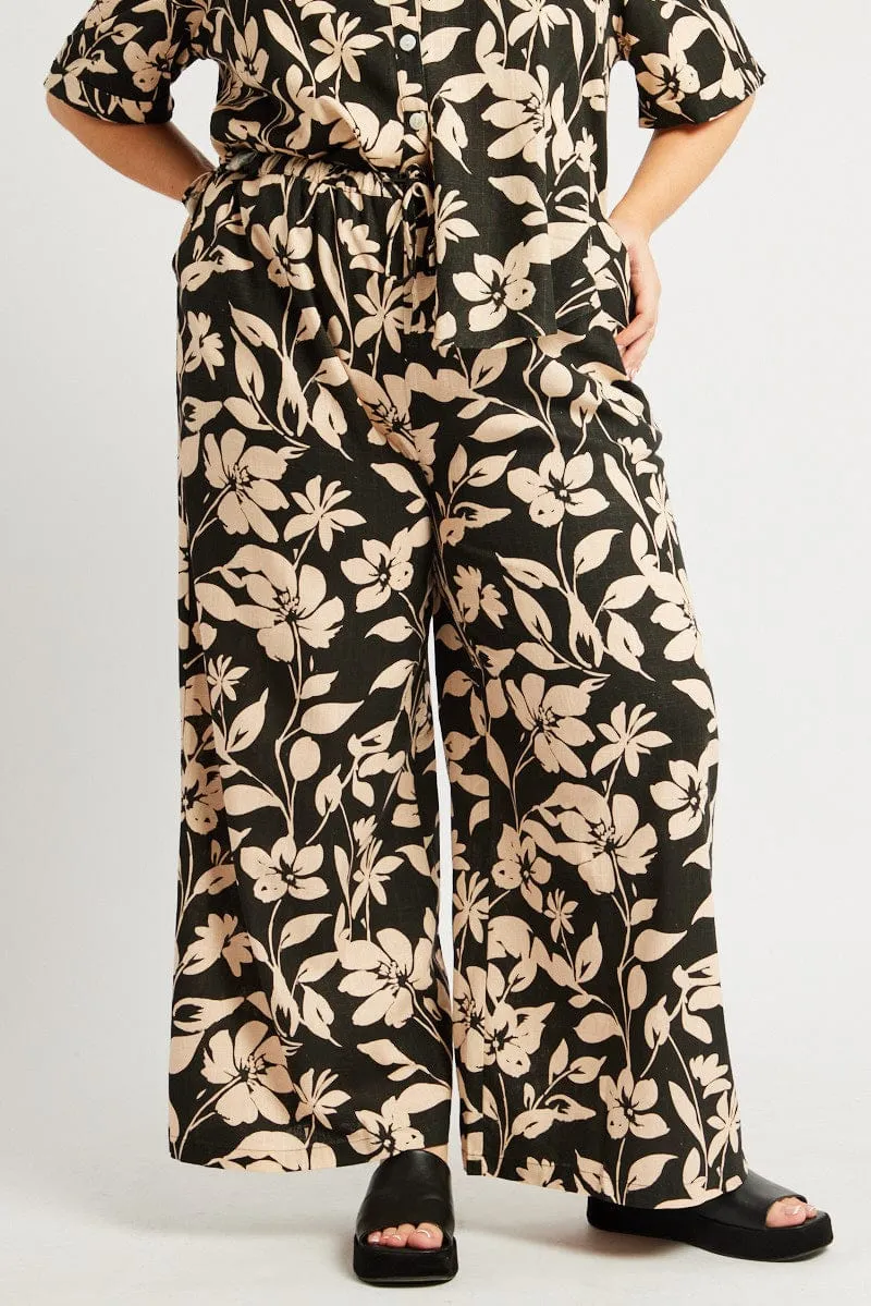 Flexible Knees Black Floral Drawstring Wide Leg Linen Pants