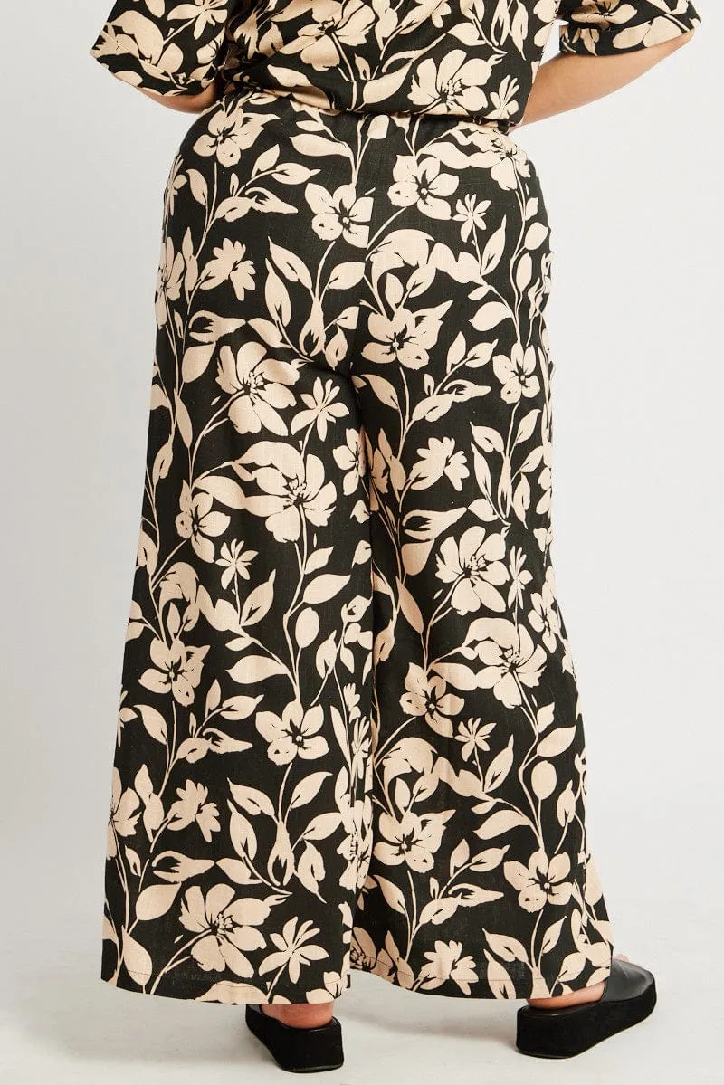 Black Floral Drawstring Wide Leg Linen Pants Softened Hem Light Fabric