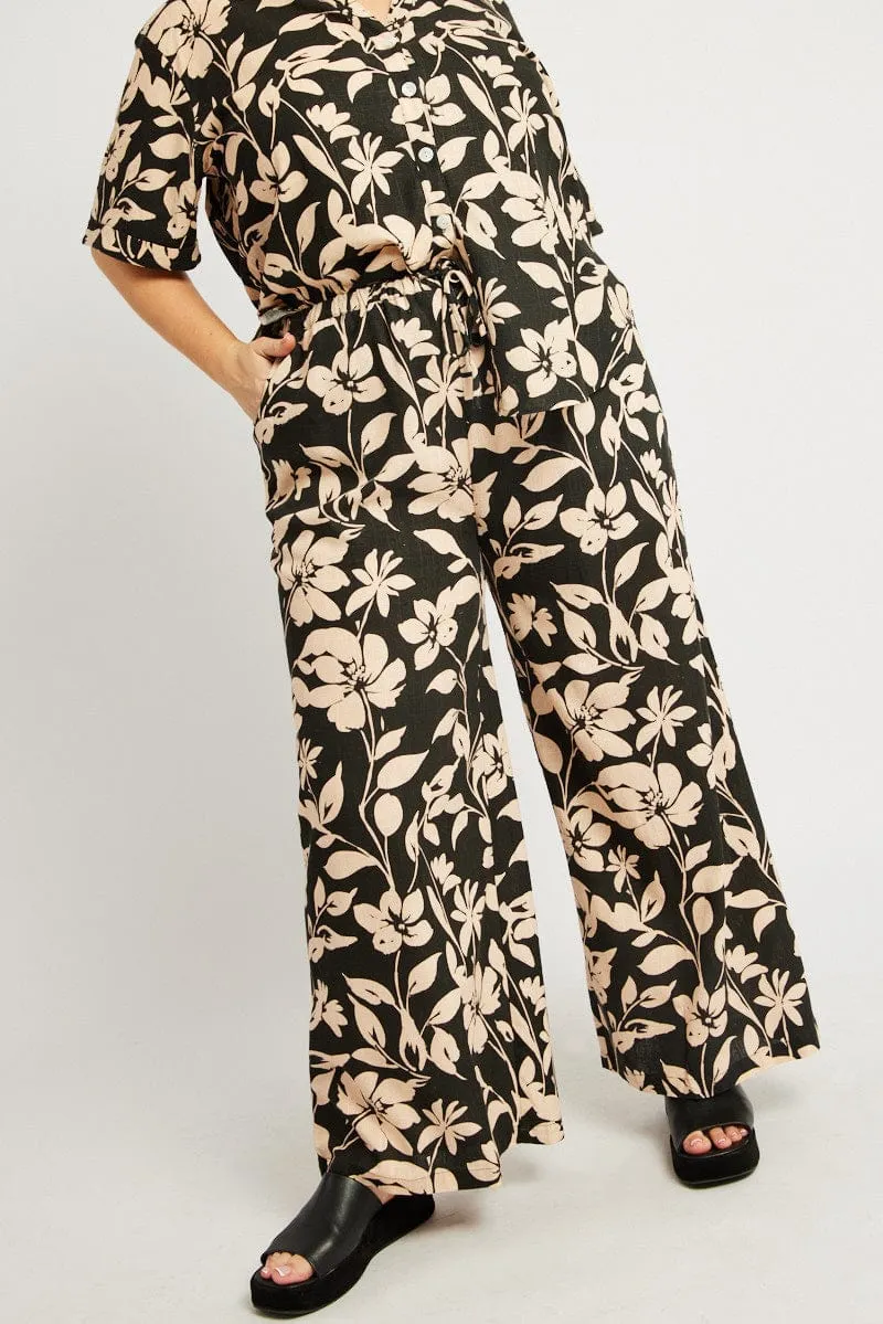 Fitted waist Black Floral Drawstring Wide Leg Linen Pants
