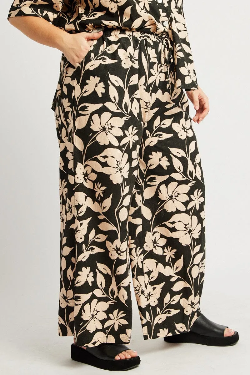 Black Floral Drawstring Wide Leg Linen Pants Training Wear Functional fashion wear