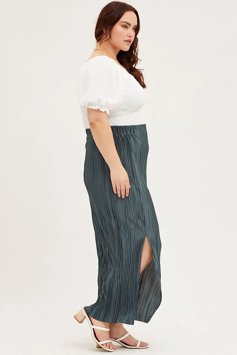 Green Plisse Midi Split Skirt raw hem