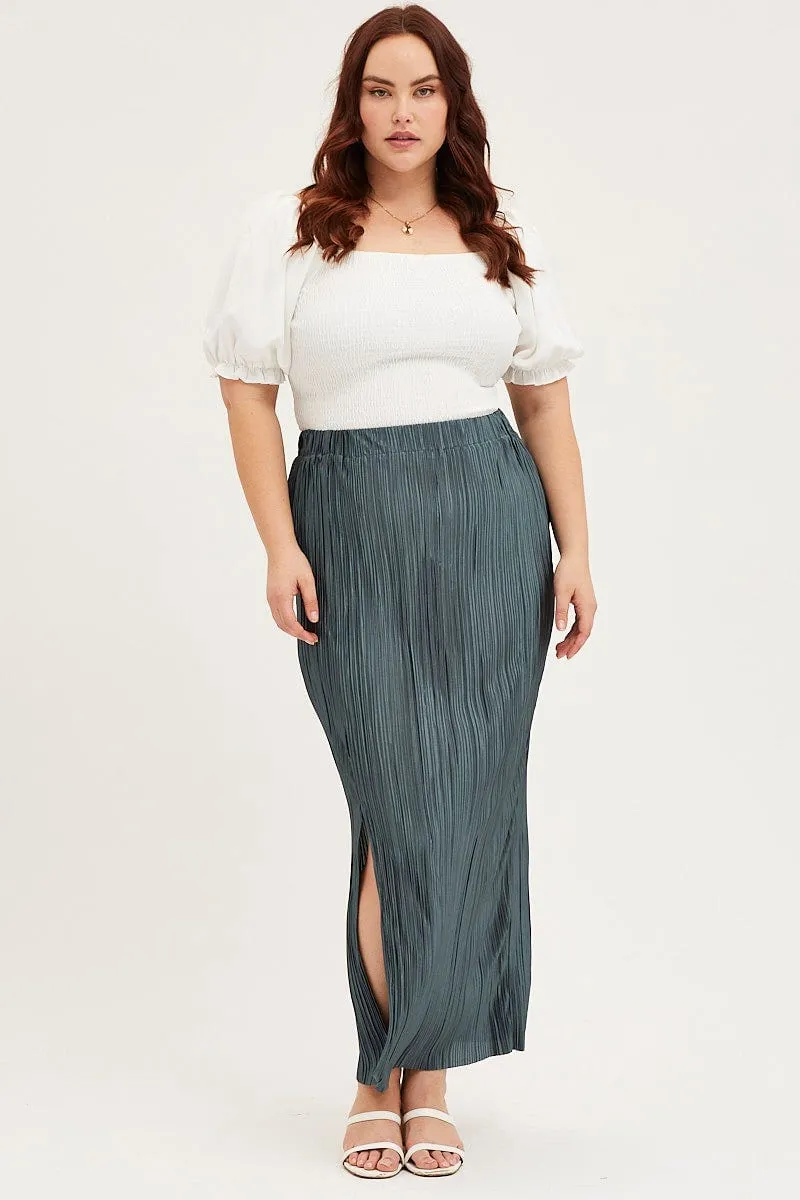 Versatile Wear Green Plisse Midi Split Skirt
