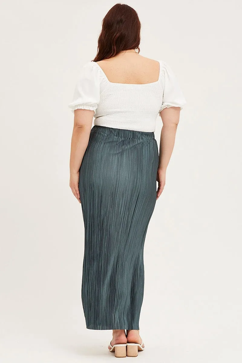 Water Resistant Signature Detail Green Plisse Midi Split Skirt