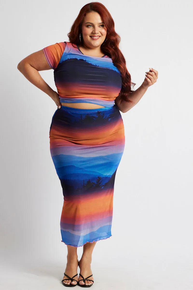 Multi Abstract Mesh Bodycon Landscape Skirt Soft Styling