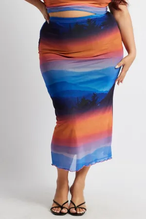 Multi Abstract Mesh Bodycon Landscape Skirt Comfy Look Smooth Texture