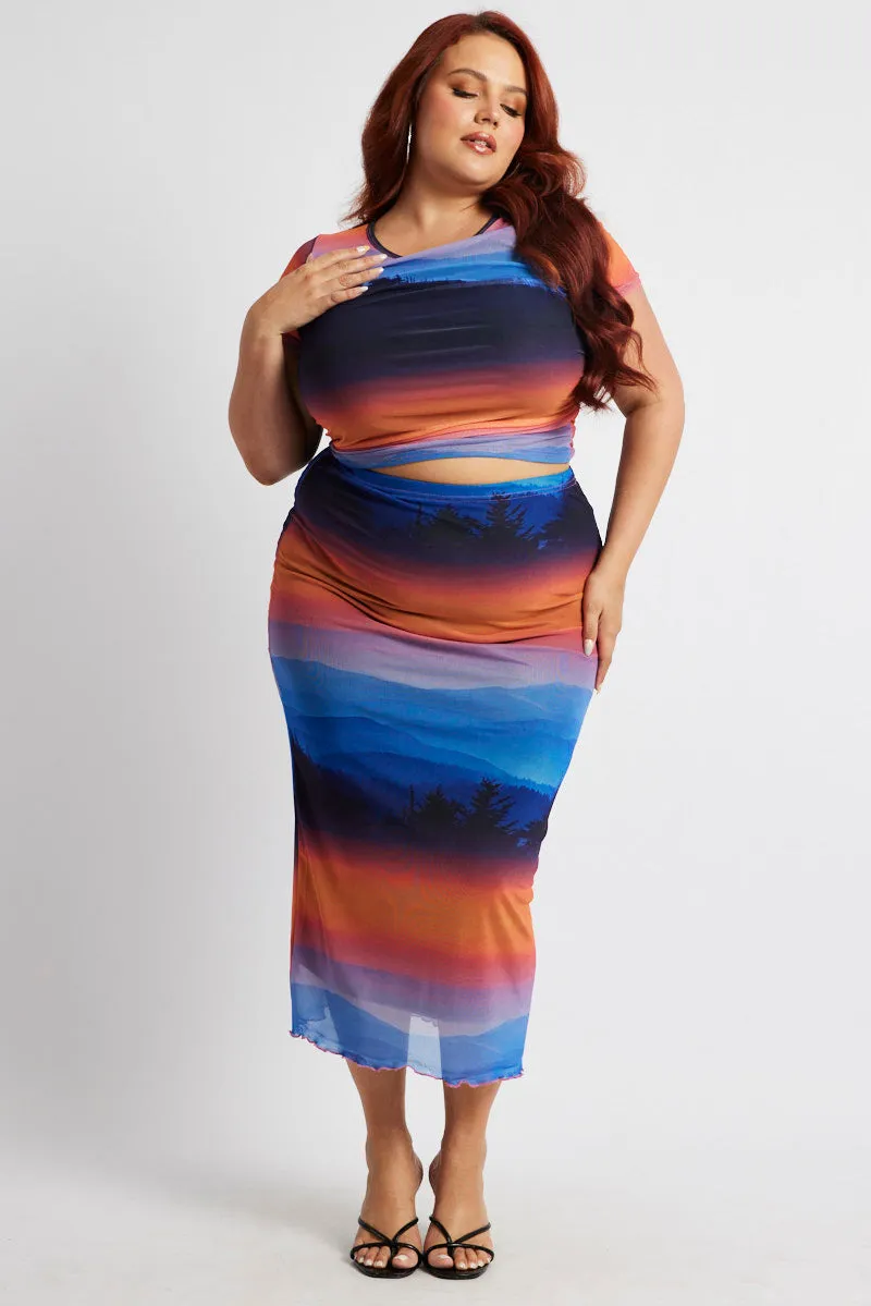 Non see through Multi Abstract Mesh Bodycon Landscape Skirt