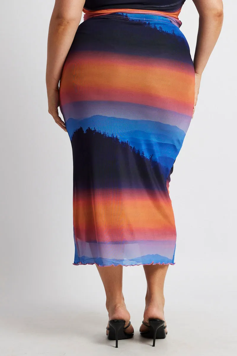 Multi Abstract Mesh Bodycon Landscape Skirt Stretchy Luxury Trim