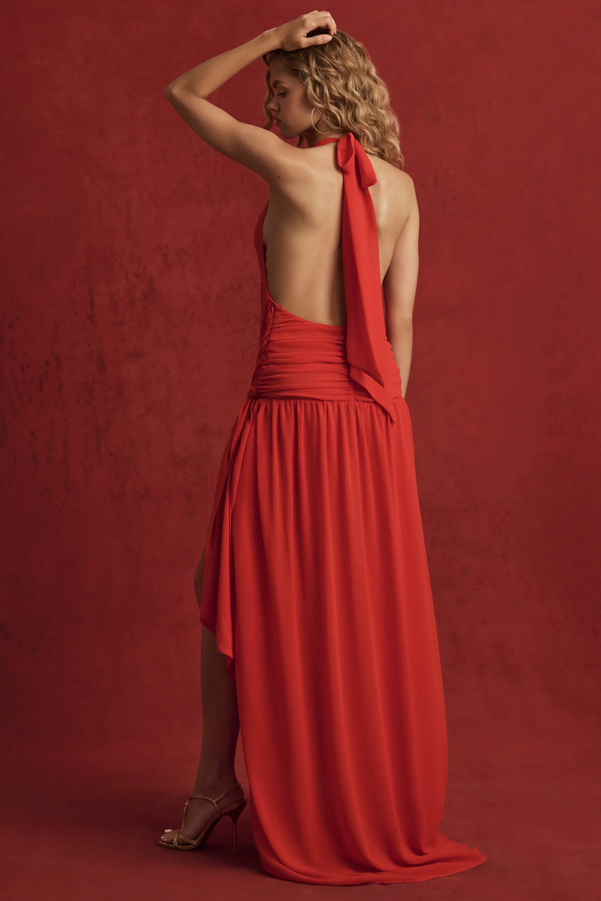 Clear Day Lake View Asymmetric Halterneck Maxi Dress in Chilli Red