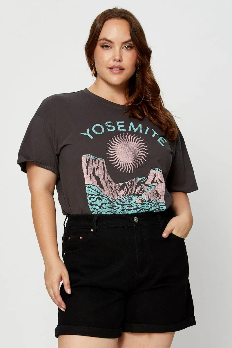 Trendy Wearable Leisure Casual Grey Graphic T-shirt Yosemite Short Sleeve Cotton