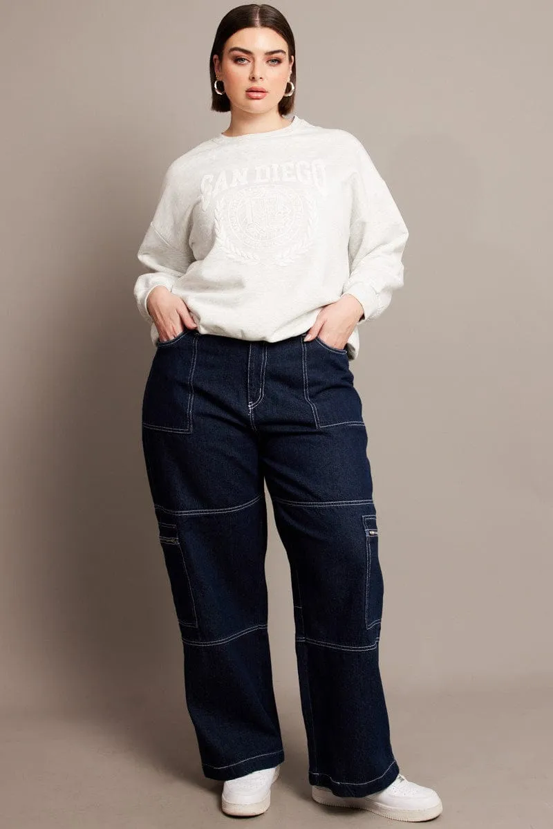 Grey Oversized Sweater Long Sleeve Crew Neck Relaxed Fit