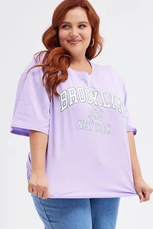 Everyday Style Trend Microfiber texture Purple Graphic T-shirt Short Sleeve Crew Neck