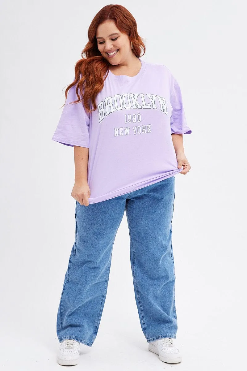 Trendy popularity Purple Graphic T-shirt Short Sleeve Crew Neck