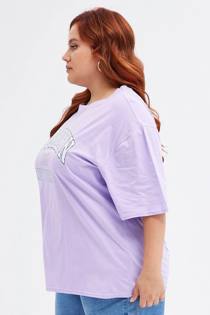 Purple Graphic T-shirt Short Sleeve Crew Neck Eye-Catching Modern Layering