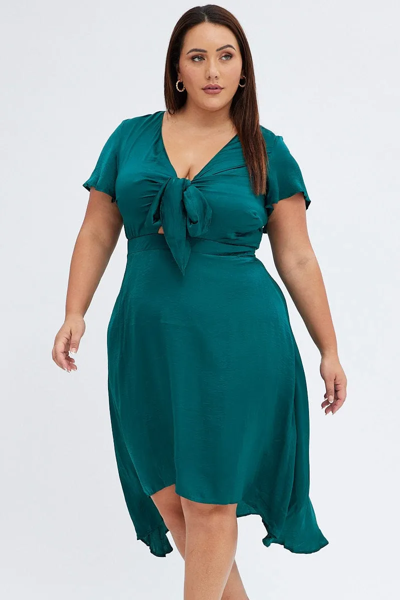 Light Comfort Green Midi Dress Short Sleeve Tie Back Satin