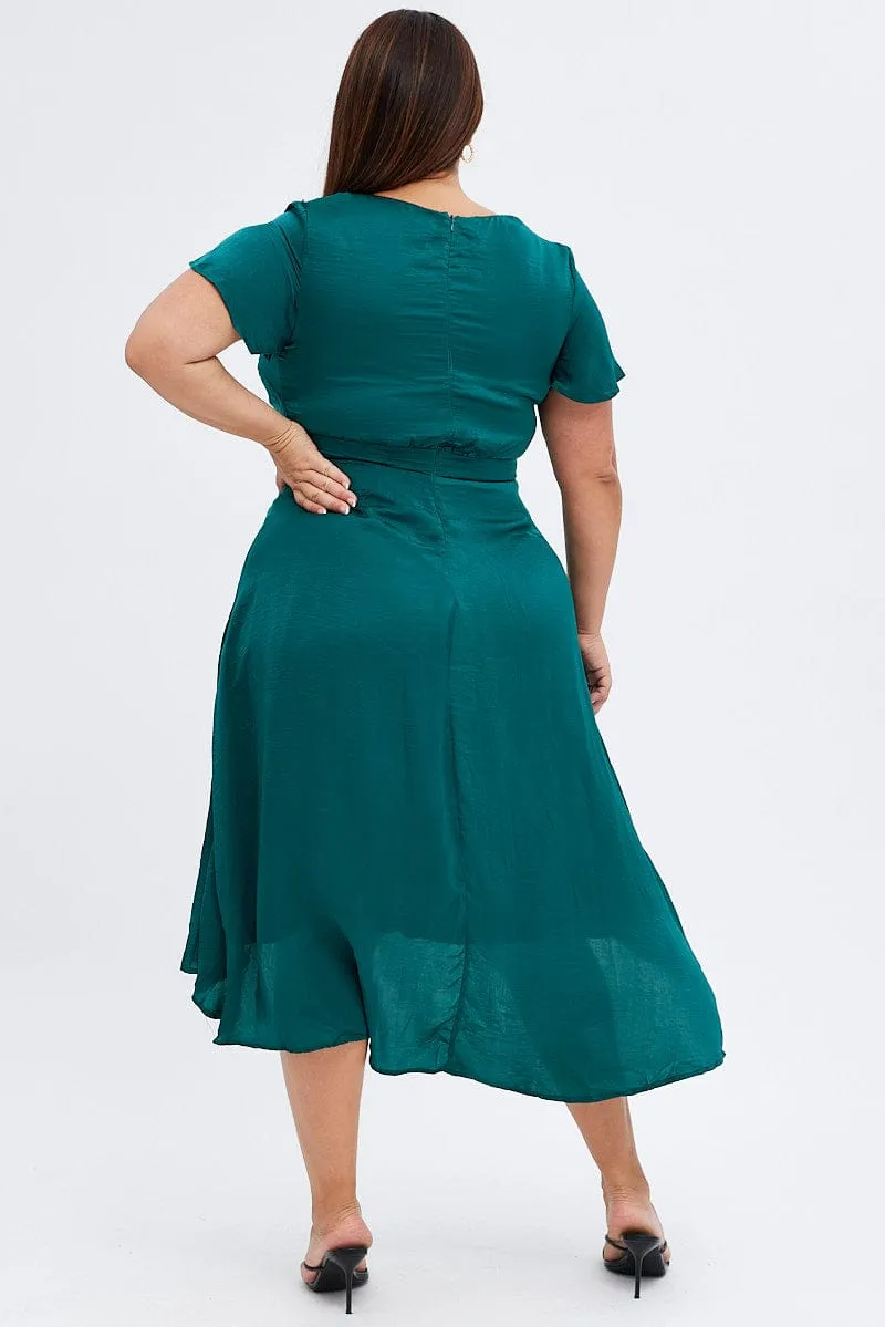 Casual Wear Sun shield Green Midi Dress Short Sleeve Tie Back Satin