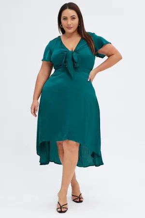 Trendy Wear Green Midi Dress Short Sleeve Tie Back Satin