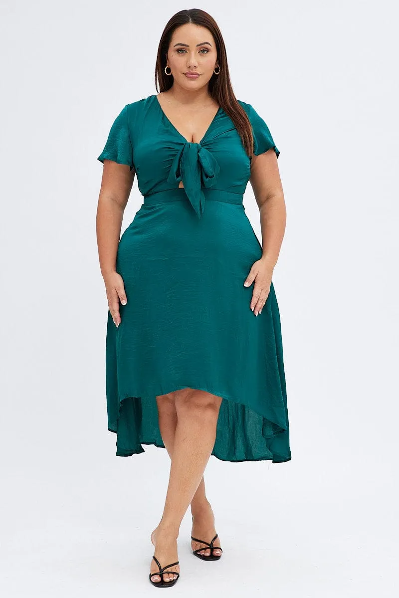 Green Midi Dress Short Sleeve Tie Back Satin Moon View