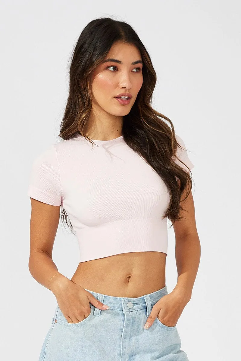 Pink T Shirt Short Sleeve Crew Neck Seamless Daily Fit Layer Play