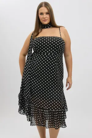 Black Polka Dot Midi Dress Sleeveless Ruffle with Scarf Heat Wave
