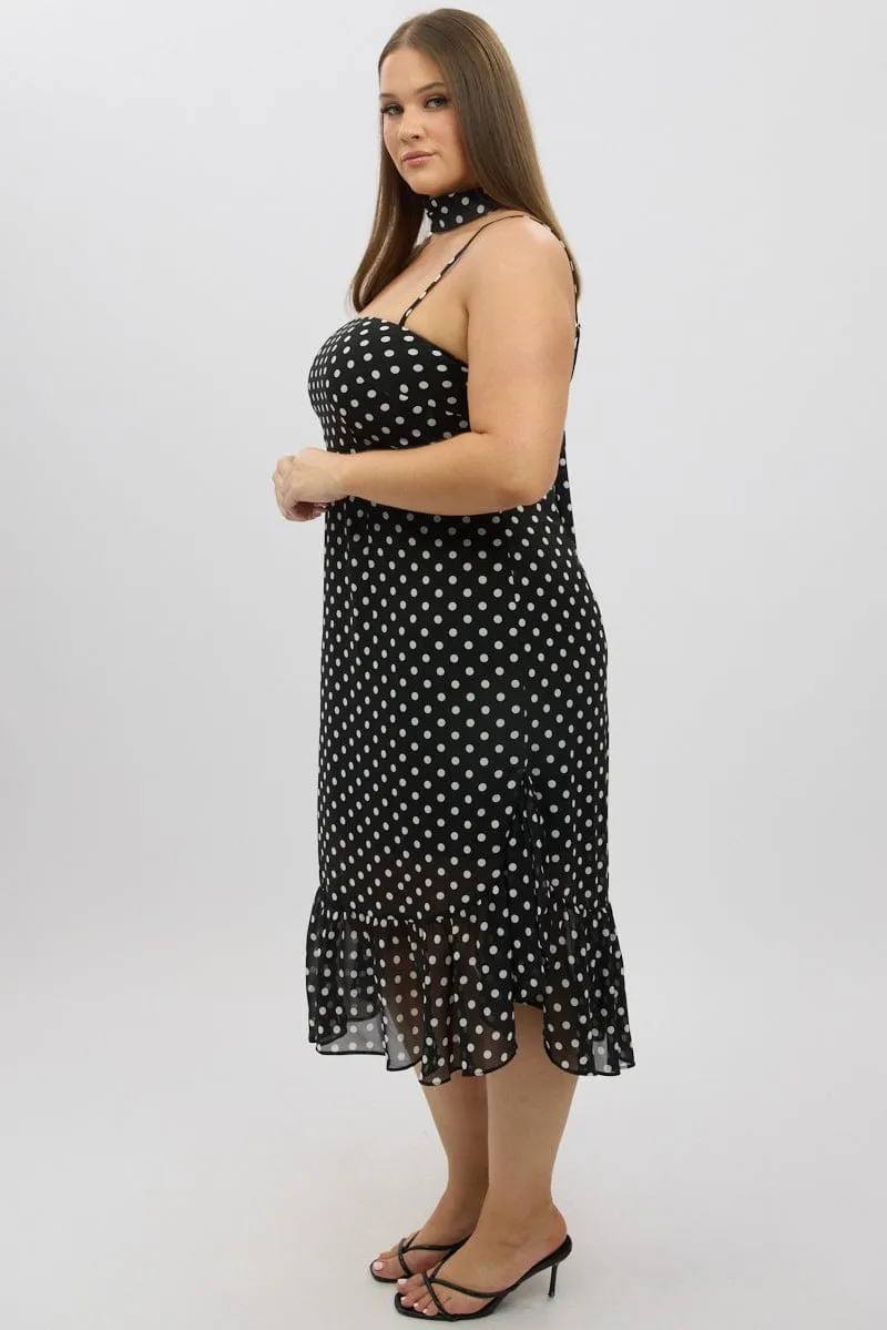 Train Gate Polished Style Black Polka Dot Midi Dress Sleeveless Ruffle with Scarf