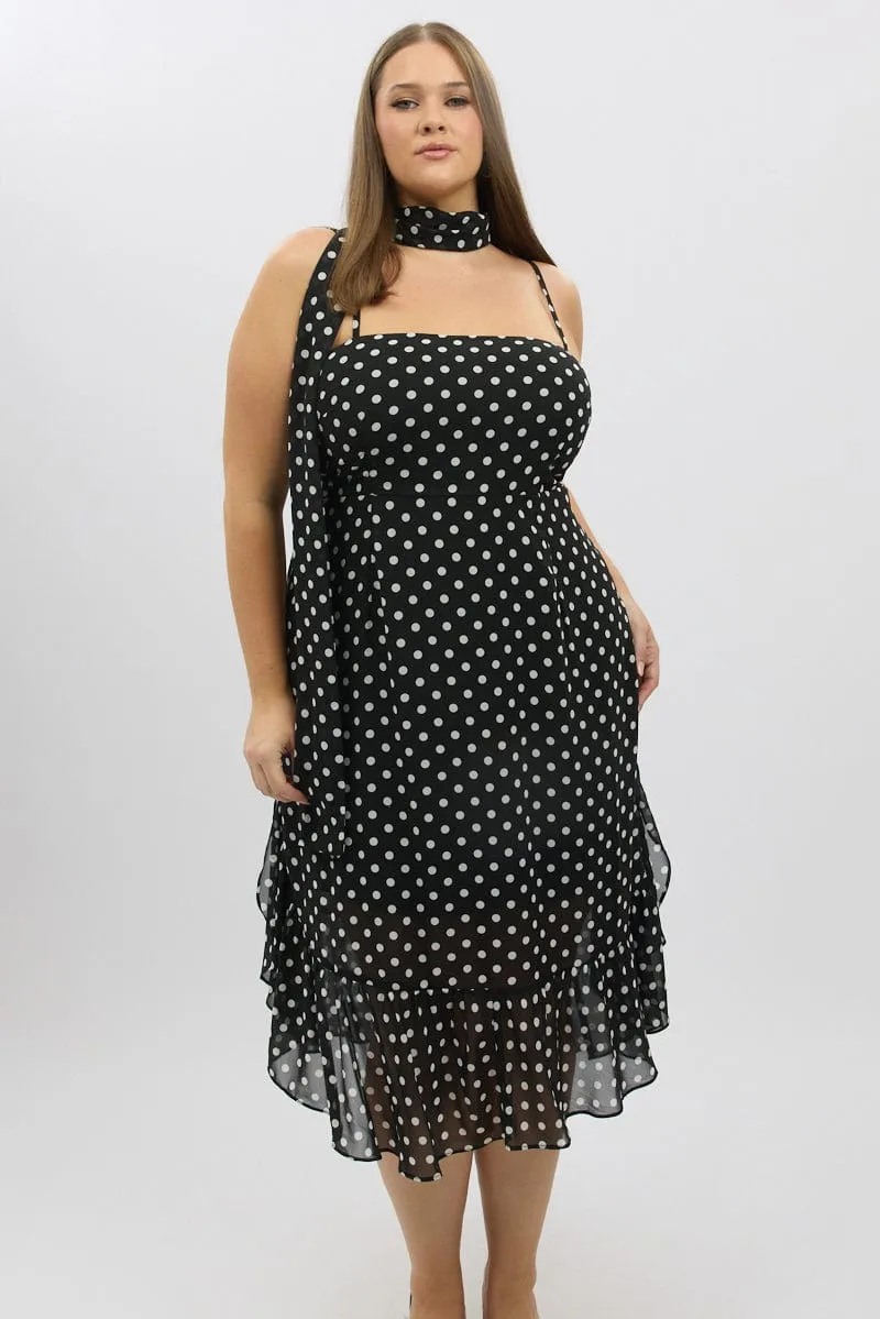 Black Polka Dot Midi Dress Sleeveless Ruffle with Scarf Season Proof