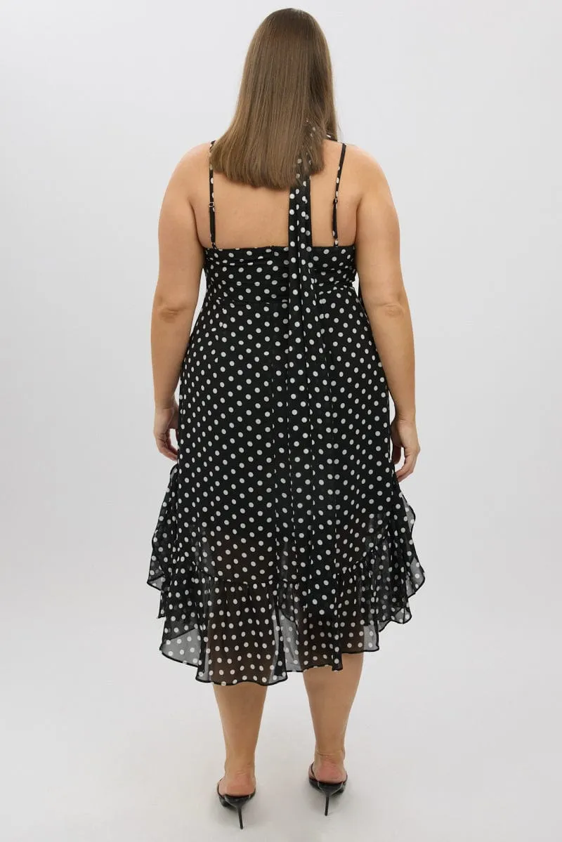Black Polka Dot Midi Dress Sleeveless Ruffle with Scarf Vintage Lover