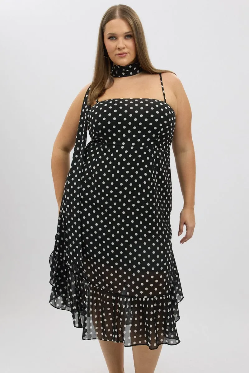 Black Polka Dot Midi Dress Sleeveless Ruffle with Scarf Heat Wave
