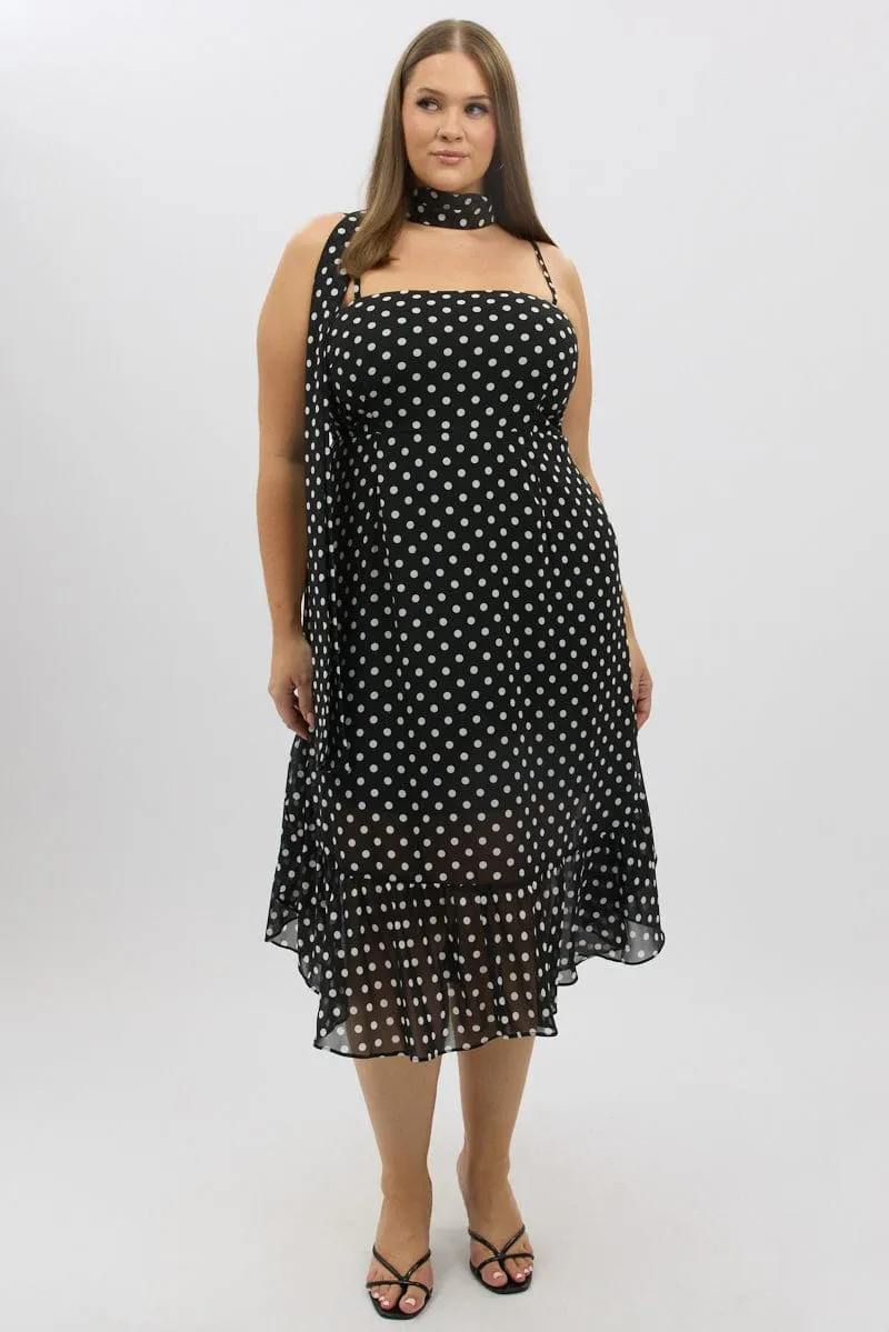 Summer Sun Sophisticated Comfort Black Polka Dot Midi Dress Sleeveless Ruffle with Scarf