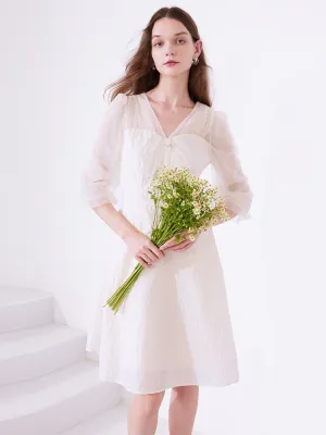 Smart Chic Style Nordic Edge White Mesh Half-Sleeve V-Neck Jacquard Midi Dress
