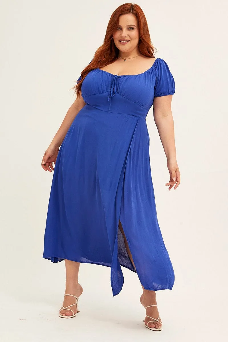 Azure Midi Dress Puff Sleeve With Split Crinkle Rayon Light Dance