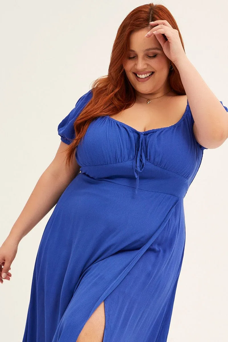 Gem Shine Simple and timeless piece Azure Midi Dress Puff Sleeve With Split Crinkle Rayon