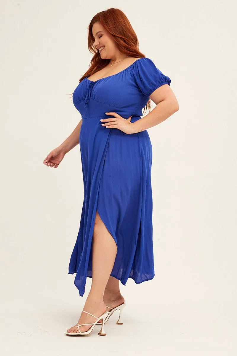 Azure Midi Dress Puff Sleeve With Split Crinkle Rayon Summer Sun