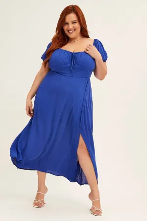 light layering Azure Midi Dress Puff Sleeve With Split Crinkle Rayon
