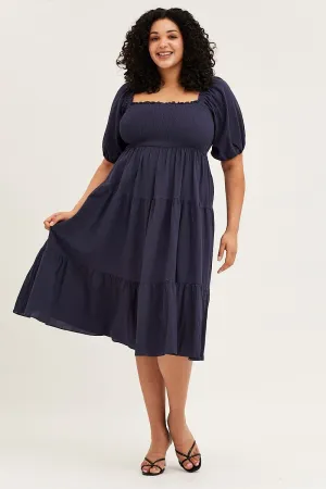 Blue Midi Dress Off Shoulder Short Sleeve All Day Elegance Classic Comfort