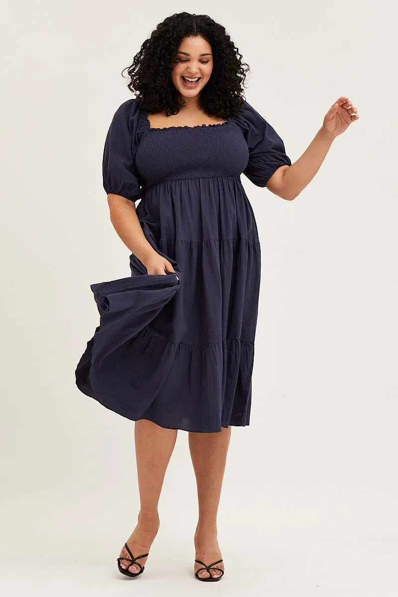 Plaza Walk Blue Midi Dress Off Shoulder Short Sleeve