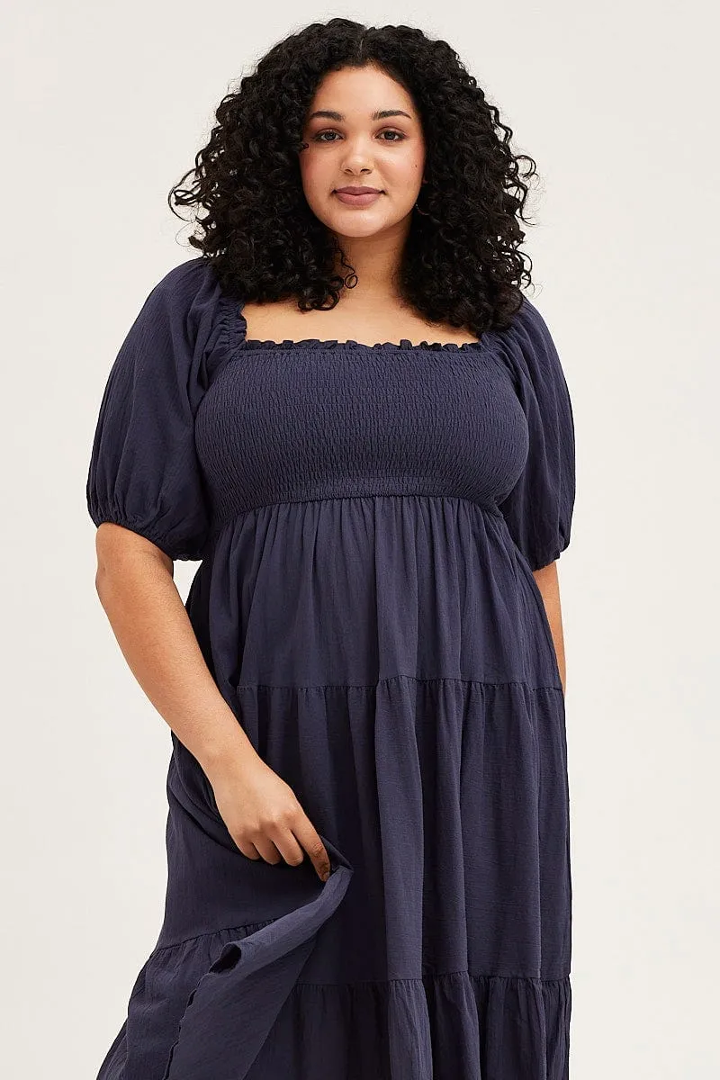 Chic Vibes Blue Midi Dress Off Shoulder Short Sleeve